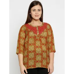 Style Quotient Mustard Yellow & Red Printed Plus Size Pure Cotton Kurti-picture-31