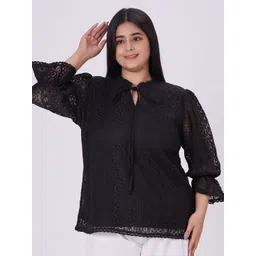 Style Quotient Plus Size Self Design Tie-Up Neck Puff Sleeve Cotton Top-picture-33