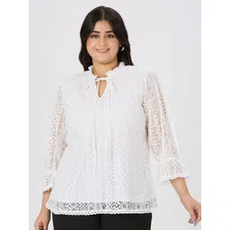 Style Quotient Plus Size Women Self Design Tie-Up Neck Puff Sleeve Cotton Top-picture-33