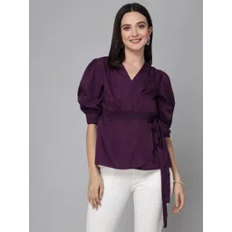 Style Quotient Purple V-Neck Puff Sleeve Tie Ups Crepe Wrap Top-picture-30
