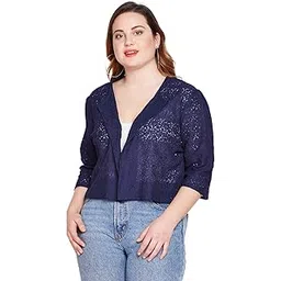 style quotient Round Neck 3/4th Sleeves Plus Size Crop Shrug for Women Casual Big Size Shrug for Girls - Navy Blue-picture-26