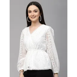 Style Quotient Self Design Puff Sleeve Cotton Lace Cinched Waist Top-picture-32
