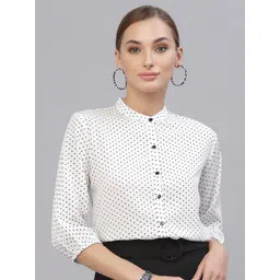 Style Quotient White & Black Polka Dot Print Mandarin Collar Shirt Style Top-image-36
