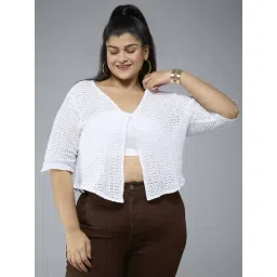 Style Quotient White Cotton Regular Fit Self Pattern Plus Size Shrug-picture-16