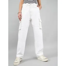 Style Quotient White Cotton Straight Fit High Rise Cargo Jeans-picture-25