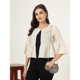 Style Quotient Women Beige Texture Ivory Peplum Fit Open Front Waist Length Cardigan-picture-22