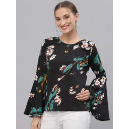 Style Quotient Women Black & Green Floral Printed Bell Sleeves Top-image-33