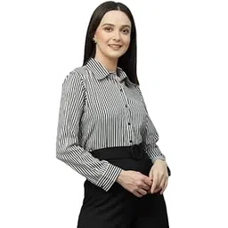 style quotient Women Black and White Stripe Polyester Regular Semi Formal Shirt-picture-29