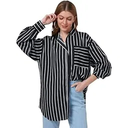 style quotient Women Black and White Stripe Printed Poly Crepe Oversized Casual Shirt-picture-11