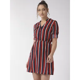 Style Quotient Women Burgundy & Navy Blue Striped A-Line Dress-picture-35