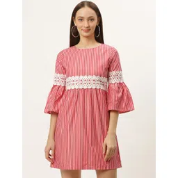 Style Quotient Women Coral Red & White Striped Empire Dress-picture-32