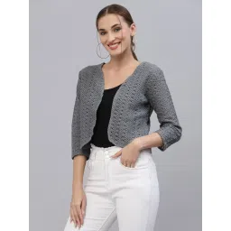 Style Quotient Women Grey cotton self design lace crop open front shrug image 3
