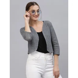 Style Quotient Women Grey cotton self design lace crop open front shrug image 1