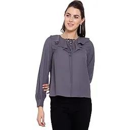 style quotient Women Grey Tie-Up Neck Crepe Regular Top-picture-30