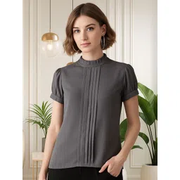 Style Quotient Women Mandarin Collar Puff Sleeve Top-picture-32