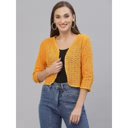 Style Quotient Women Mustard cotton self design lace crop open front shrug-picture-42