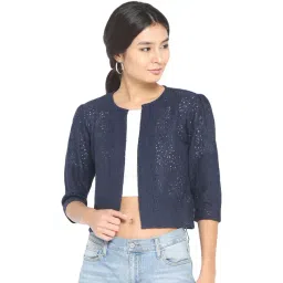 Style Quotient Women Navy Self Design Floral lace Regular Open Front Shrug-picture-18