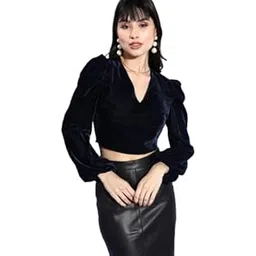 style quotient Women Navy Solid Velvet Smart Casual Crop Top-picture-54