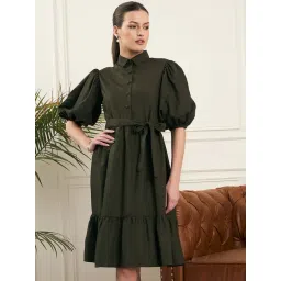 Style Quotient Women Olive With Baloon Sleeves Belted Shirt Dress-picture-37