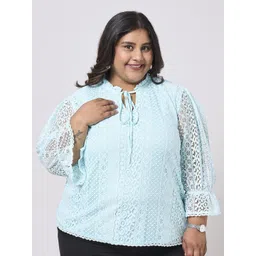 Style Quotient Women Plus Size Tie-Up Neck Bell Sleeve Cotton Top-picture-19