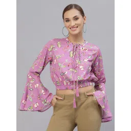 Style Quotient Women Purple Floral Print Tie-Up Neck Blouson Crop Top-picture-23