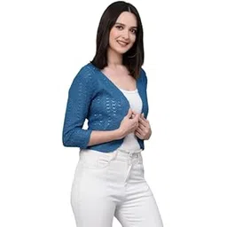 style quotient Women self Design Blue Open Front Crop Shrug-picture-12