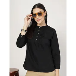 Style Quotient Women Solid Black Pleated Detail Round Neck Cotton Top-image-41