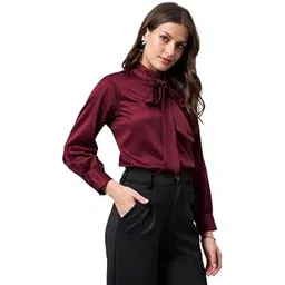 style quotient Women Solid Maroon Satin Tie up Regular Formal Shirt-picture-11