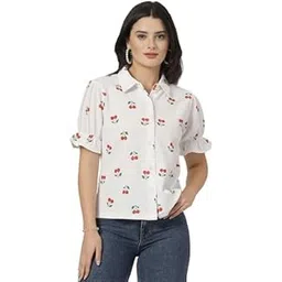 style quotient Women Texture White and Red Cherry Print Polyknit Shirt-picture-24