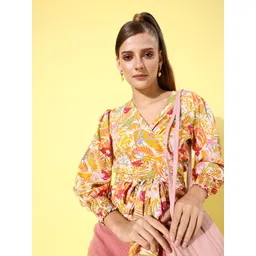 Style Quotient Women White & Mustard Yellow Tropical Print Wrap Top-picture-40