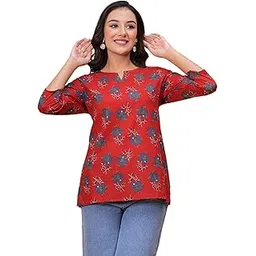 style secret Printed Cotton Top, Red Floral Pattern, Off-Shoulder 3/4 Sleeve Kurta-picture-34