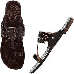 style socio fashions Kolhapuri Chappal Women's Traditional Leather Toe Ring Flats, Brown-picture-31