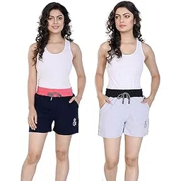 styleaone Women's Cotton Dark Blue, Pink & Grey, Black Night Shorts (Pack of 2)-picture-31