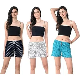 styleaone Women's Cotton Printed Multi-Coloured Shorts - Pack of 3 (M, White, Yellow & Grey)-picture-36