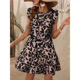 StyleCast Beige Floral Printed Flutter Sleeves Gathered  A-Line Dress-picture-41