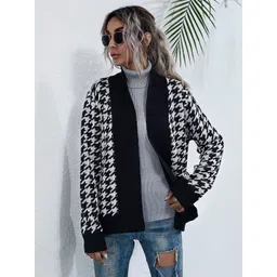 StyleCast Black Checked Knitted Belted Front-Open Sweaters-picture-38