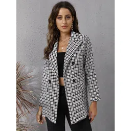 StyleCast Black Checked Notched Lapel Longline Pea Coat-picture-37