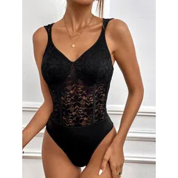 StyleCast Black Self-Design V-Neck Sleeveless Bodysuit-picture-25