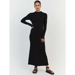 StyleCast Black Striped Round Neck Long Sleeves Maxi Sheath Dress-picture-16