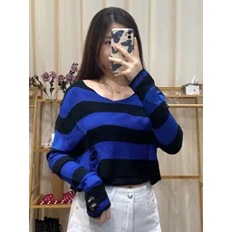StyleCast Blue & Black Striped Distressed Round Neck Crop Pullover-picture-23