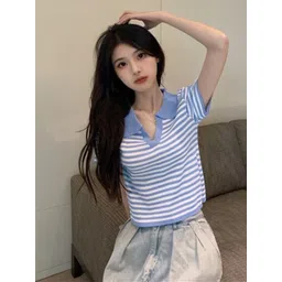 StyleCast Blue Horizontal Striped Shirt Collar Top-picture-49