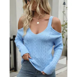 StyleCast Blue V-Neck Cold-Shoulder Long Sleeves Top-picture-35