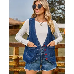 StyleCast Blue V-Neck Denim Waistcoat-picture-24