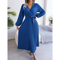 StyleCast Blue V-Neck Puff Sleeves Pleated Chiffon Wrap Midi Dress-picture-29
