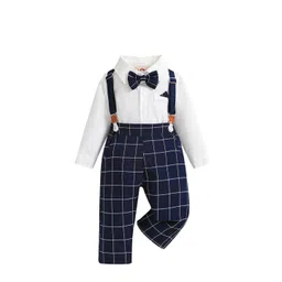 StyleCast Boys Navy Blue & White Checked Shirt With Trousers & Suspenders-picture-19