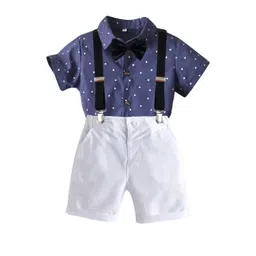 StyleCast Boys Navy Blue & White Polka Dots Printed Shirt With Shorts & Suspenders-picture-21