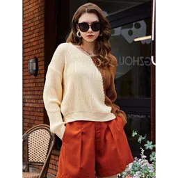 StyleCast Brown Colourblocked V-Neck Long Sleeves Acrylic Pullover Sweater-picture-21
