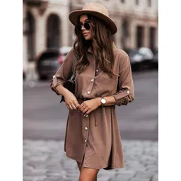 StyleCast Brown Shirt Collar Cuffed Sleeves Shirt Style Dress-picture-20