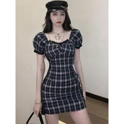 StyleCast Checked Puff Sleeve Bodycon Mini Dress-picture-28