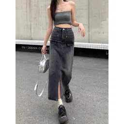 StyleCast Denim Front-Slit Straight Midi Skirt-picture-27